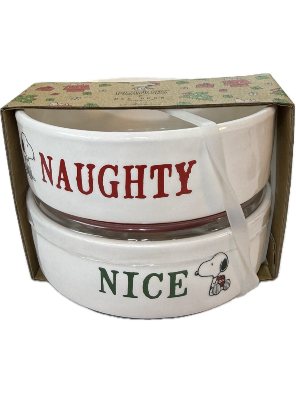 Rae Dunn Peanuts Snoopy Naughty Nice Dog Bowls Set Christmas Pet Feeding Dish